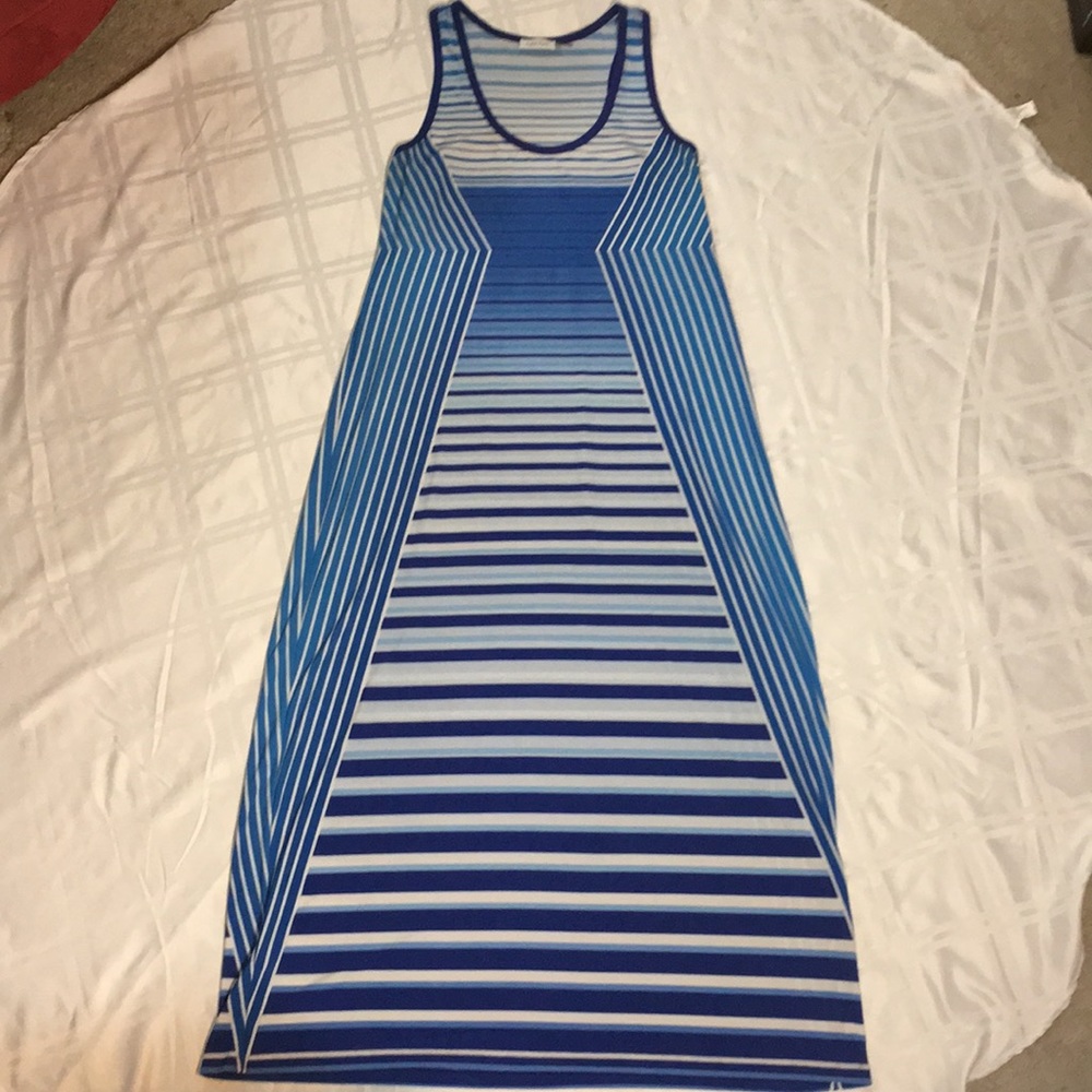 Blue and white Calvin Klein almost-maxi dress